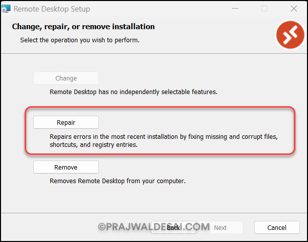 Repair Remote Desktop Client using the Installer