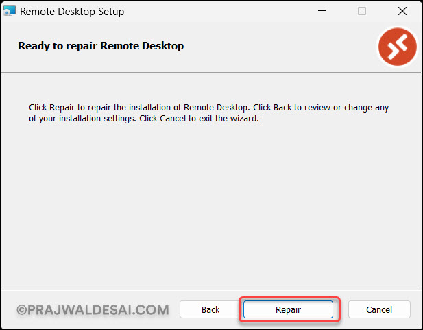 Repair Remote Desktop Client using the Installer