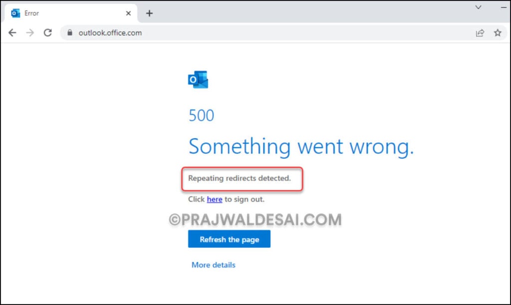Repeating Redirects Detected for Outlook