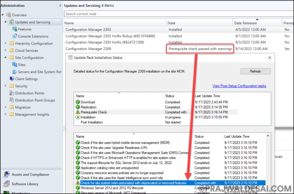 SCCM 2309 Prerequisite Check Warnings and Errors