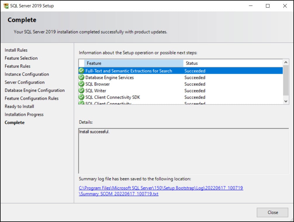 SQL Server Installation Complete