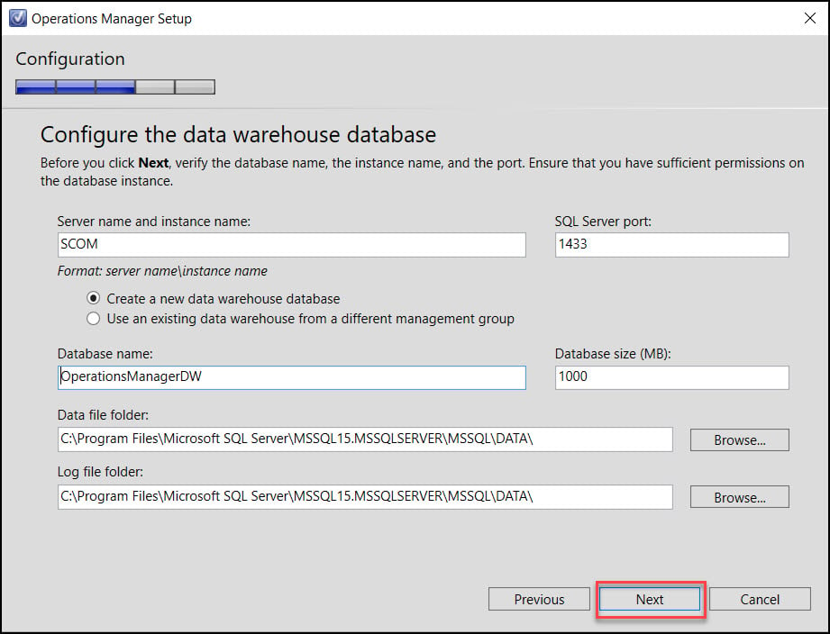 Configure Data Warehouse database