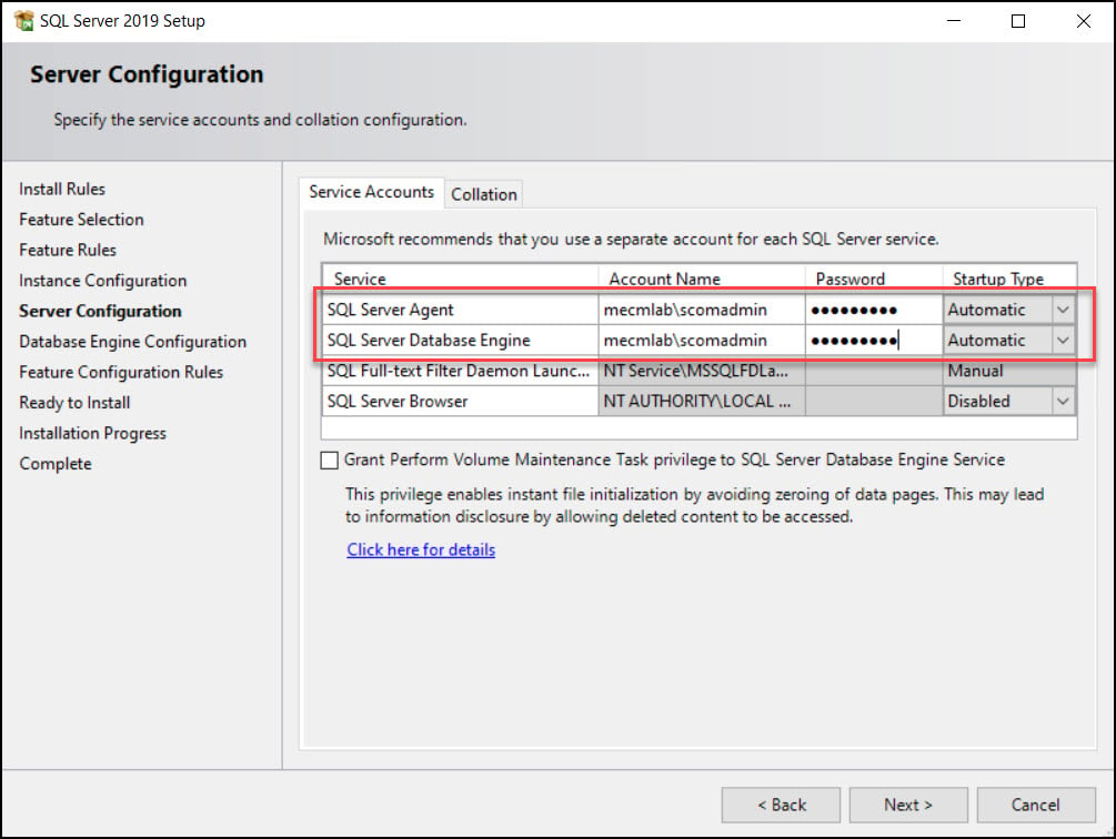 Specify SQL Server Service Accounts