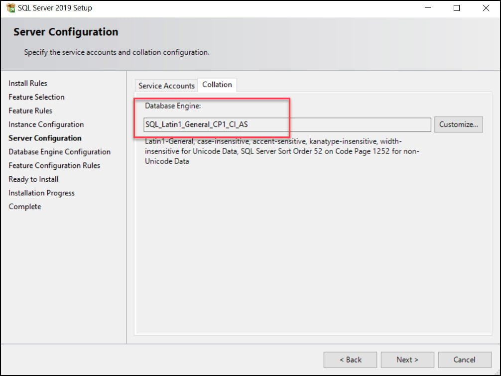 SQL server collation should be SQL_Latin1_General_CP1_CI_AS