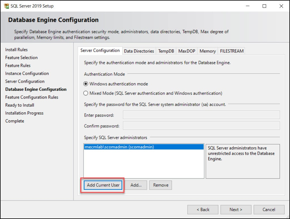 Database Engine Configuration