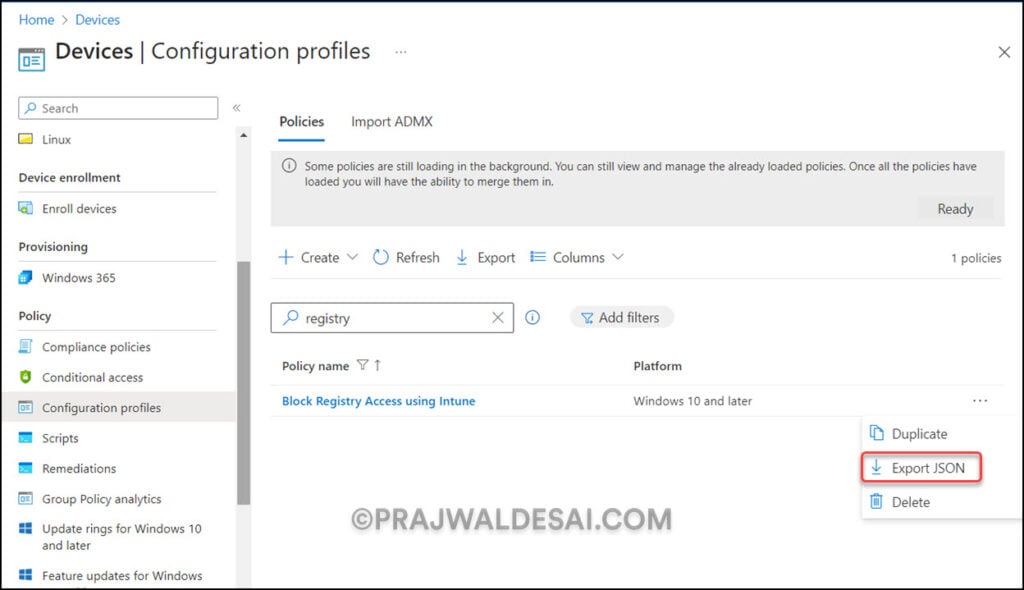 Use Export JSON for Device Configuration Profiles