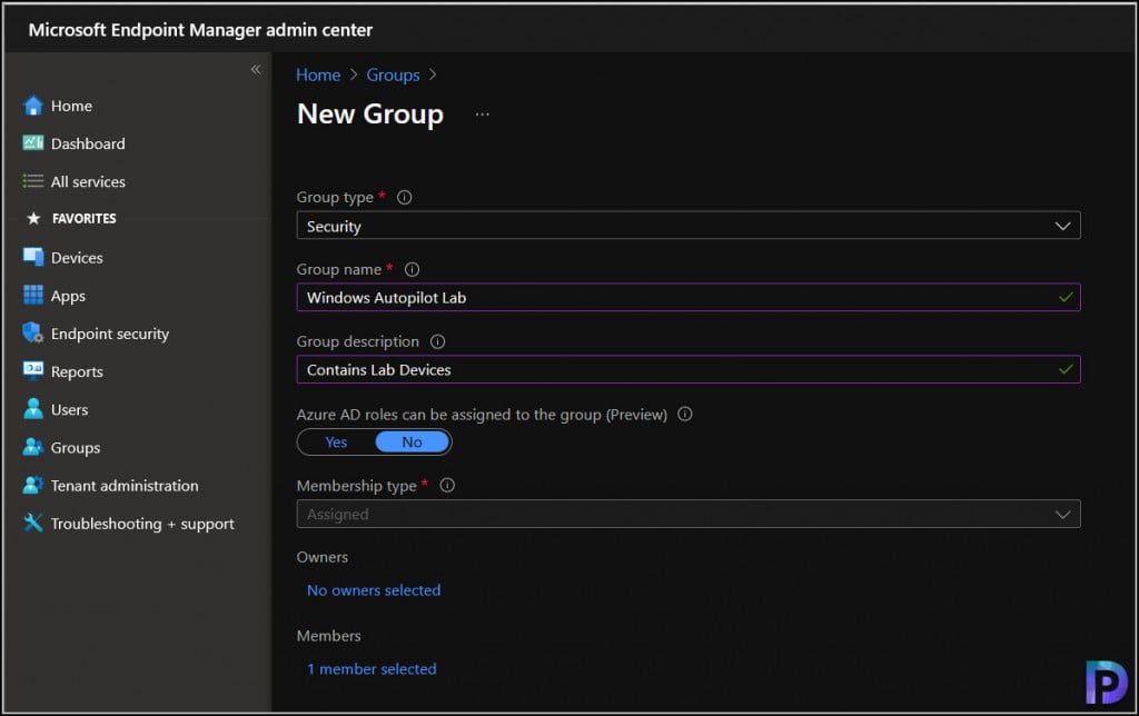 Create a device group for Windows Autopilot