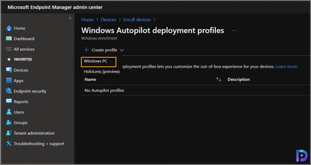 Create the Windows Autopilot Deployment Profile