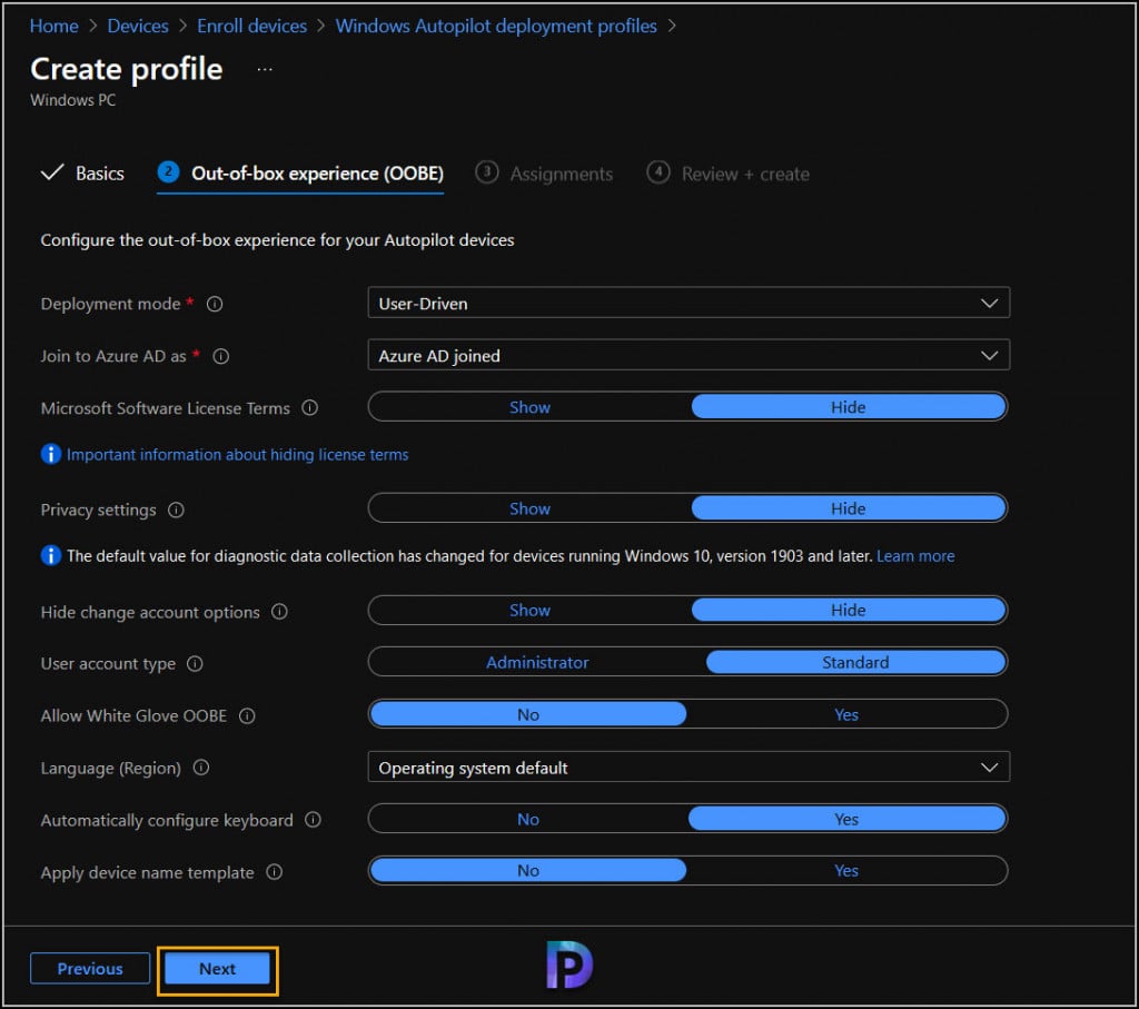 Create the Windows Autopilot Deployment Profile