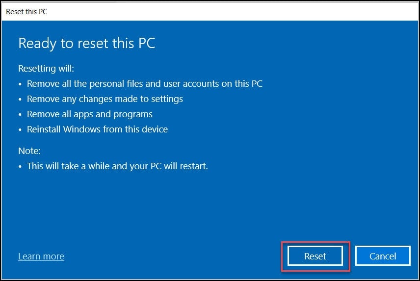 Reset Windows 10 VM