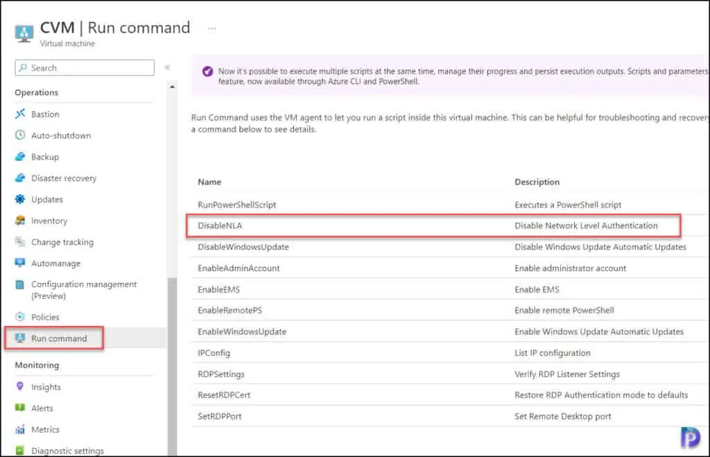 Run Command DisableNLA on Azure VM