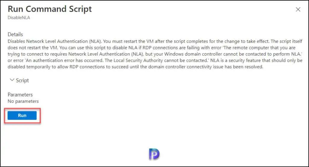 Run Command DisableNLA on Azure VM