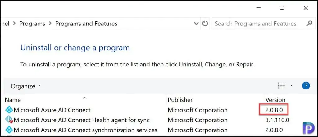 Check Azure AD Connect version in Programs and Features