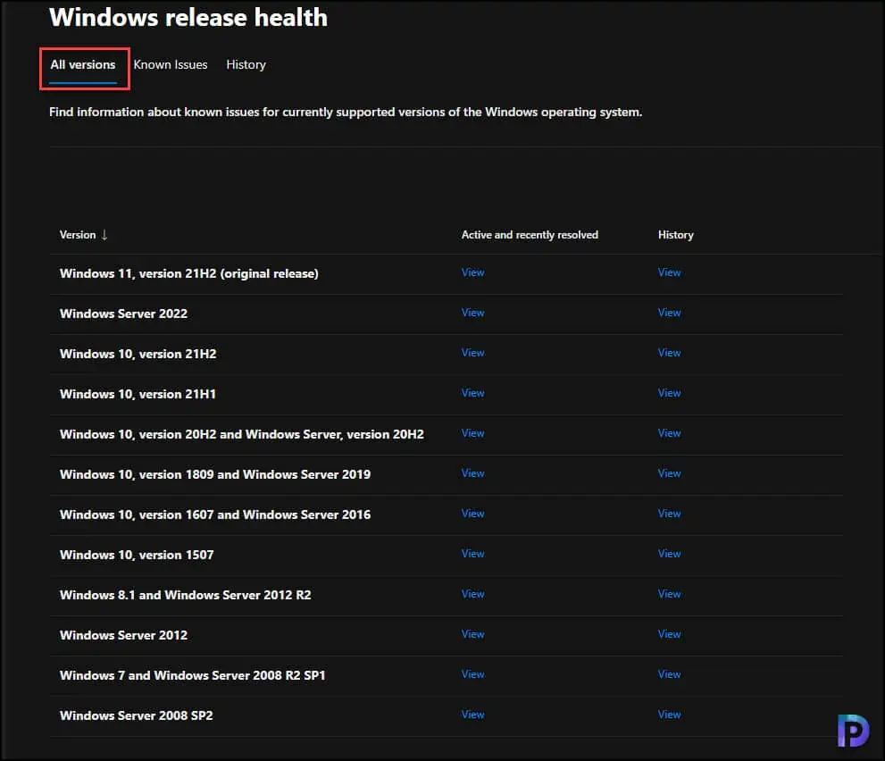 Check Windows Release Health - All Versions