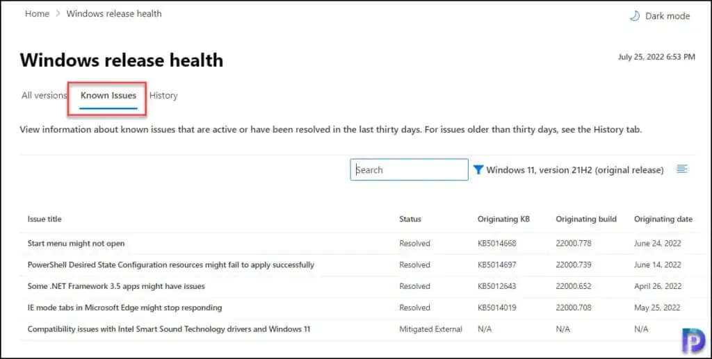 Windows Release Health - Known Issues