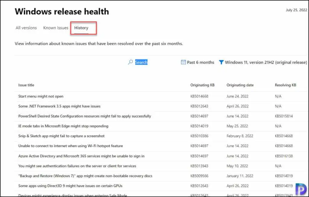 Windows Release Health History