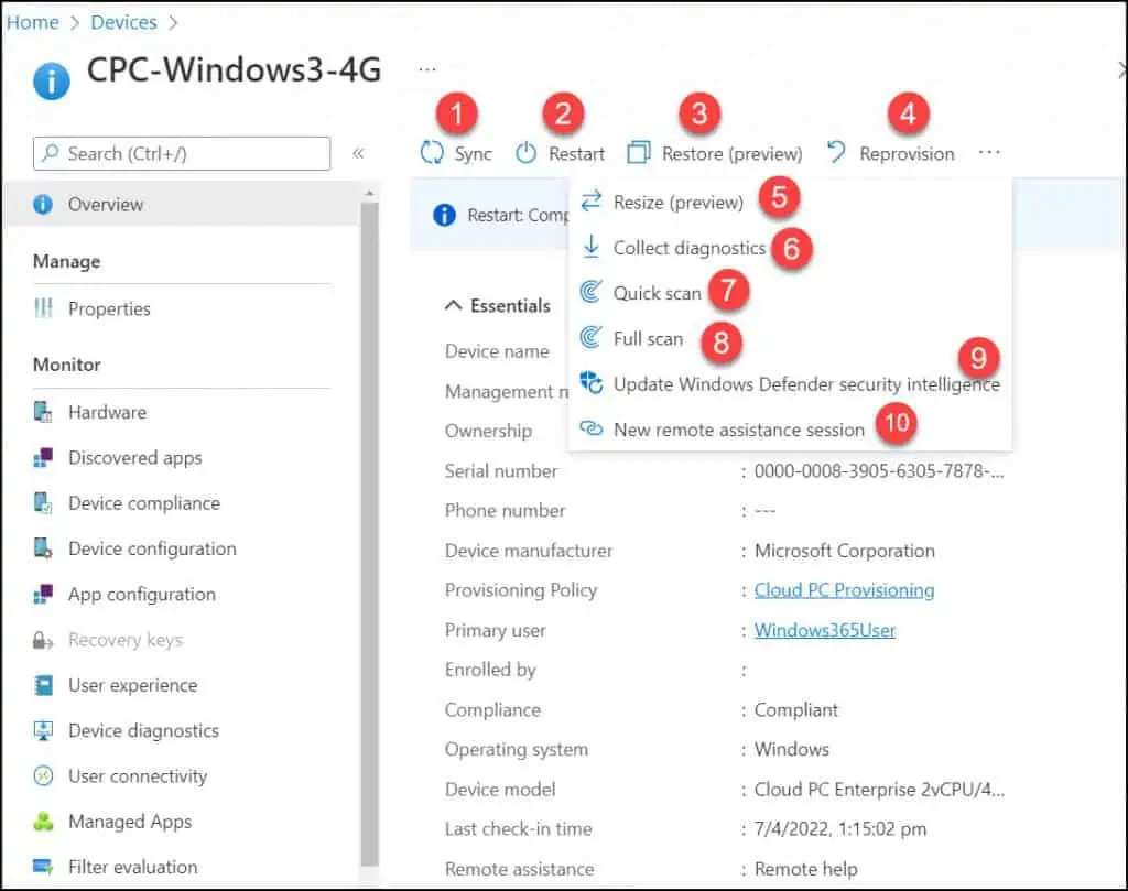 Cloud PCs Remote Actions in Windows 365