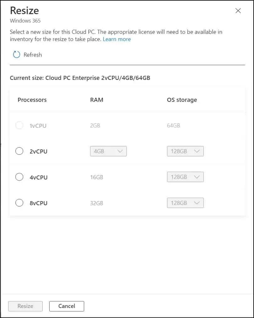 Resize Cloud PC