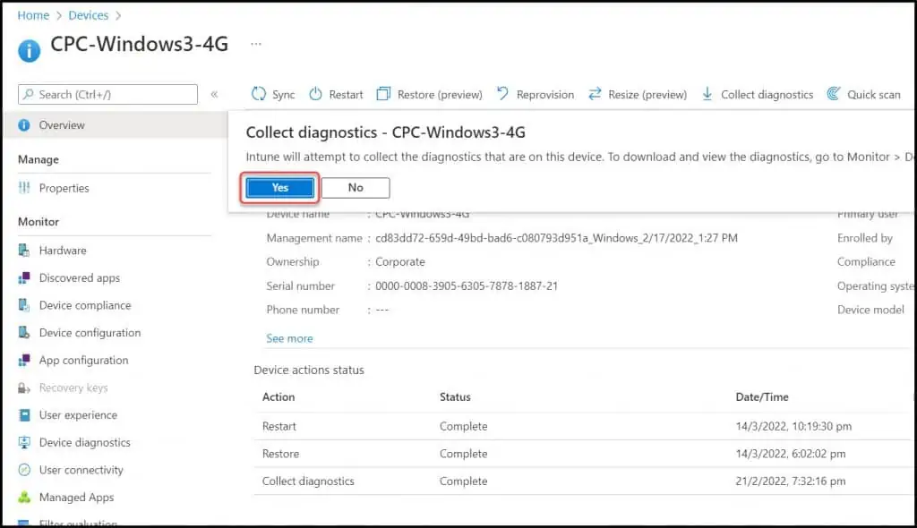 Collect diagnostics - Cloud PC Remote Action