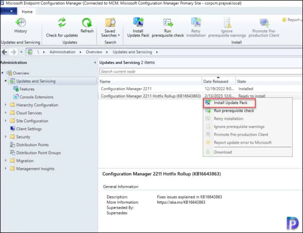 Install Configuration Manager 2211 Hotfix Rollup KB16643863