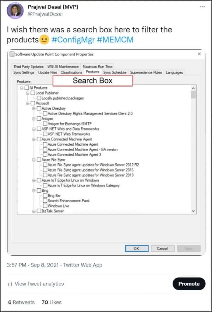 ConfigMgr Software Update Point Filter Products