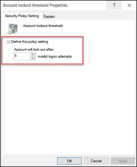 Configure Account Lockout threshold