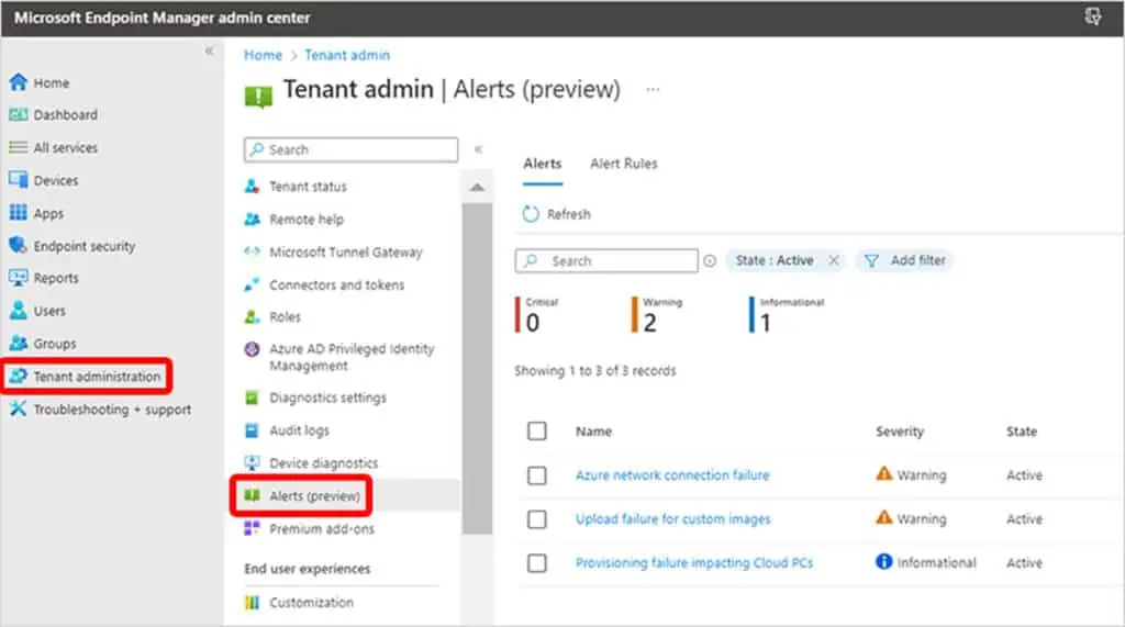 Windows 365 Alerts in Intune Admin Console