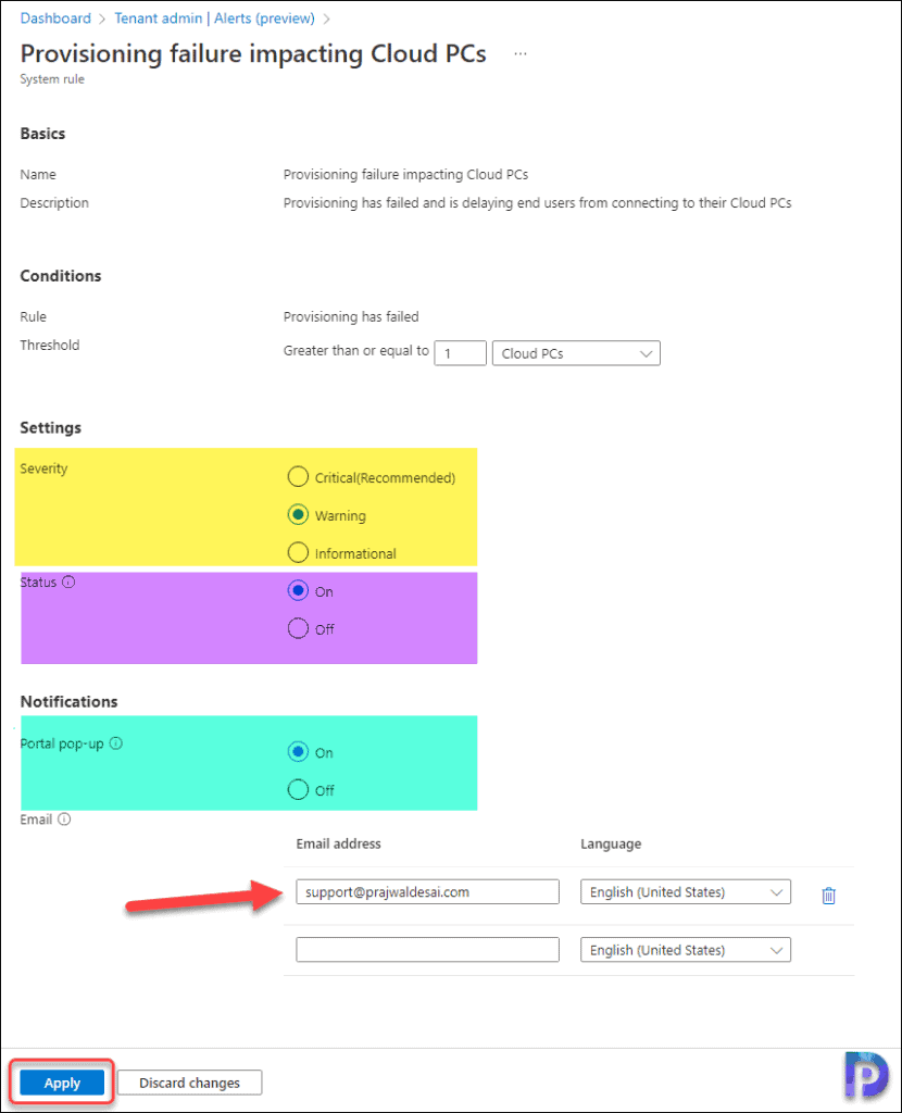 Customize the Cloud PC Alerts