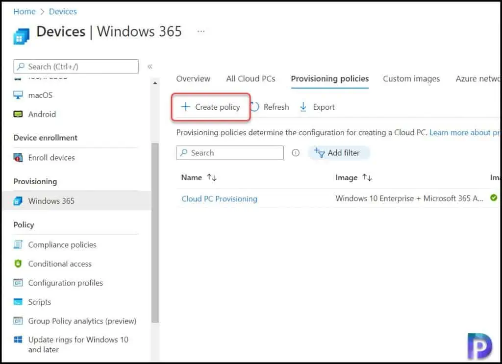 Create a Provisioning Policy in Windows 365 for Cloud PC