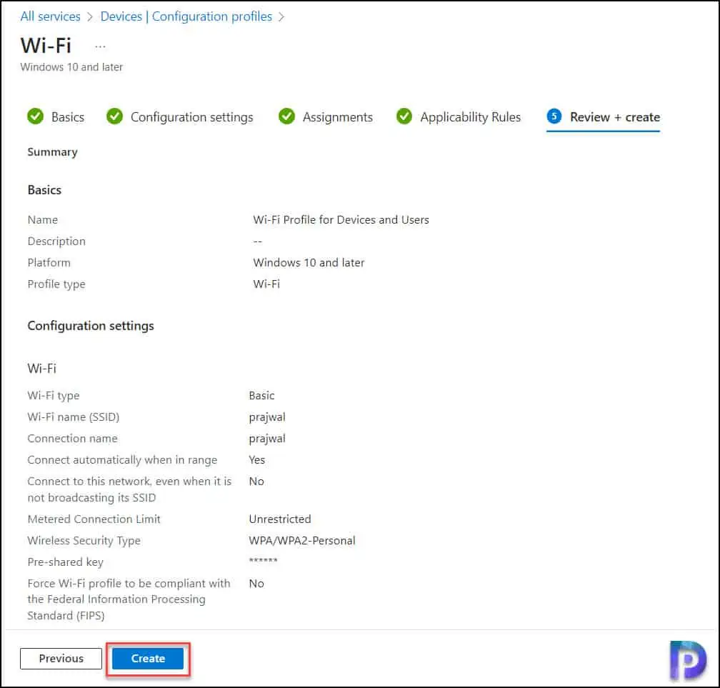 Create a Wi-Fi profile for Devices in Intune