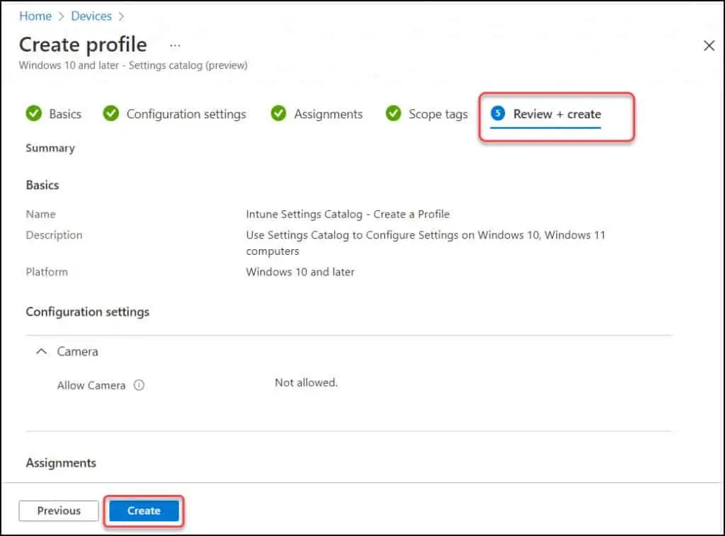 Review+Create | Intune Configuration Profile