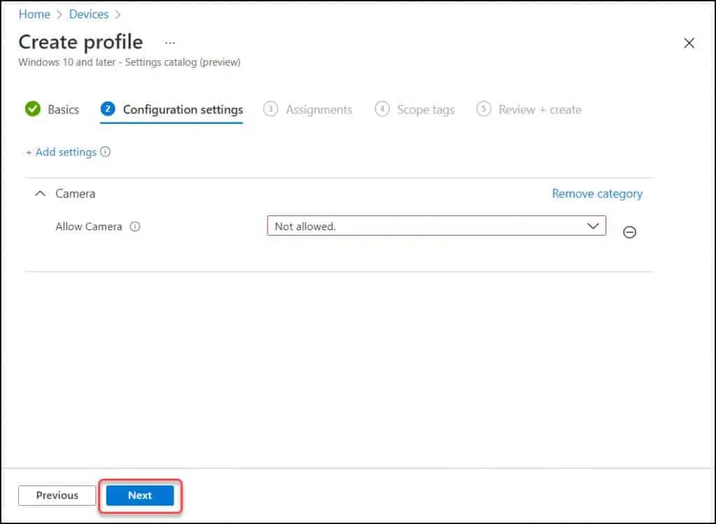 Intune Configuration Profile Settings