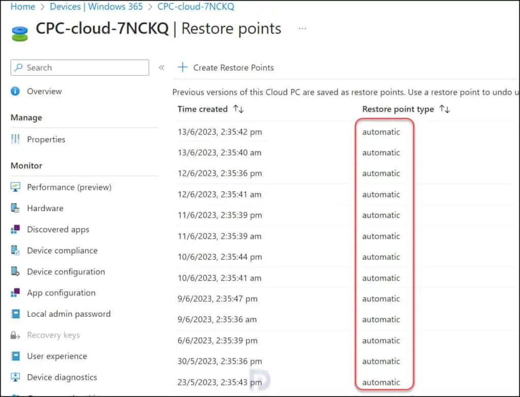 Create Manual Restore Points for Cloud PCs in Windows 365