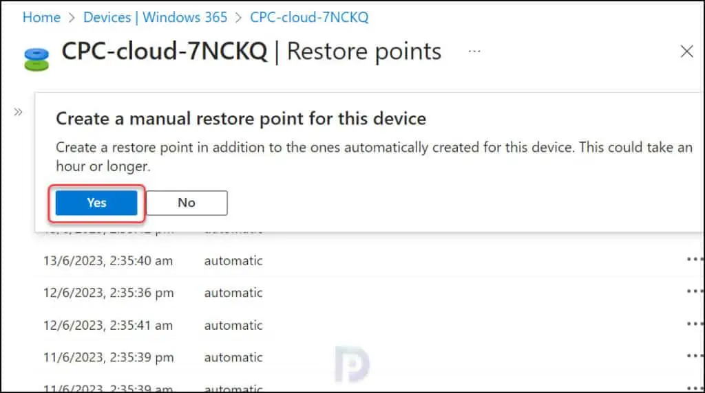 Create a single manual restore point for Cloud PC