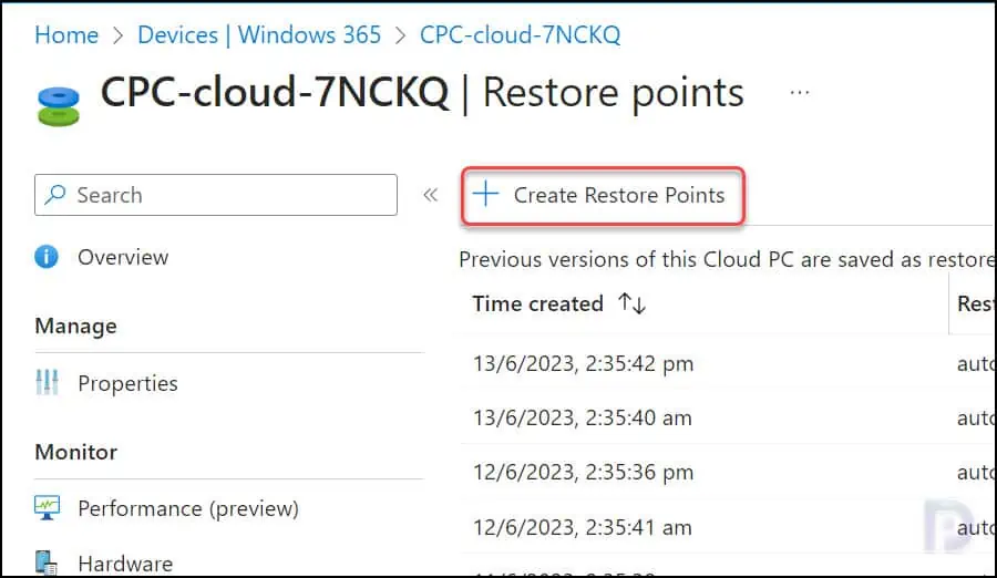 Create a single manual restore point for Cloud PC