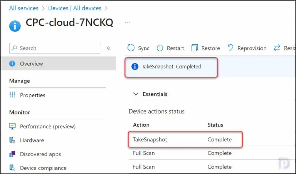 Monitor the progress of Cloud PC Restore Point creation