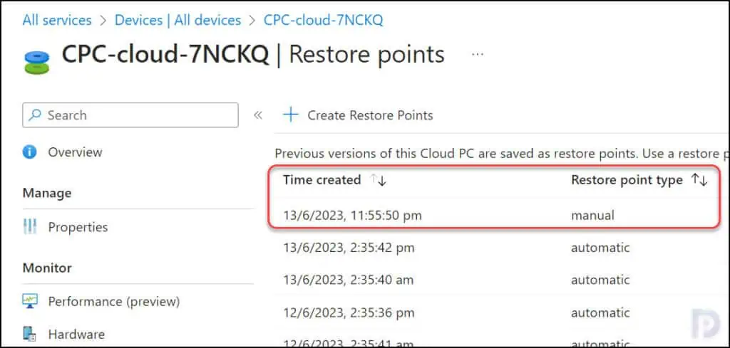 Monitor the progress of Cloud PC Restore Point creation