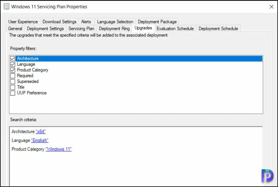 Select Property Filters and Search Criteria for Windows 11 Update