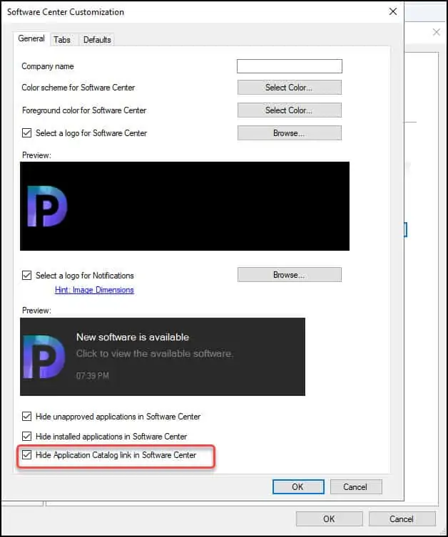 Hide Application Catalog Link in Software Center
