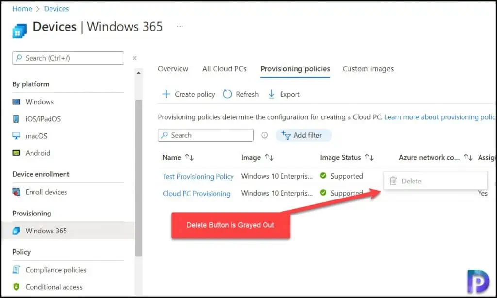 Cloud PC Provisioning Policy Delete Button Is Grayed Out