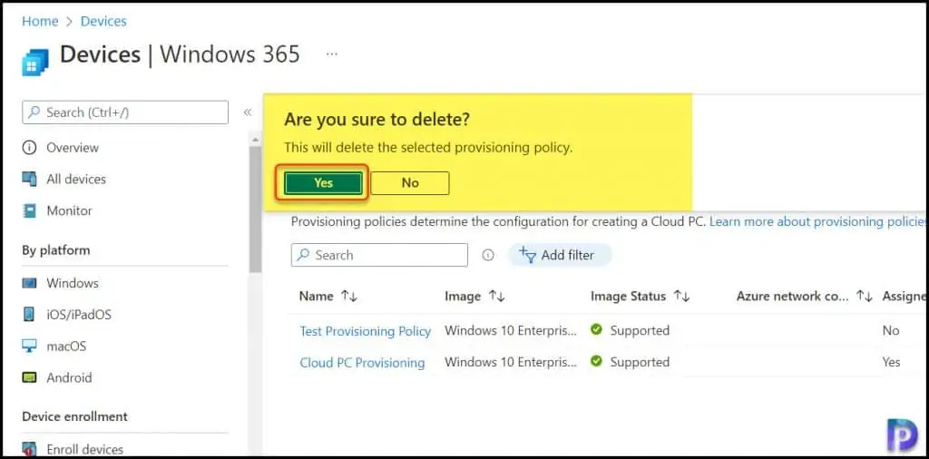 Delete provisioning policies from Cloud PCs in Windows 365