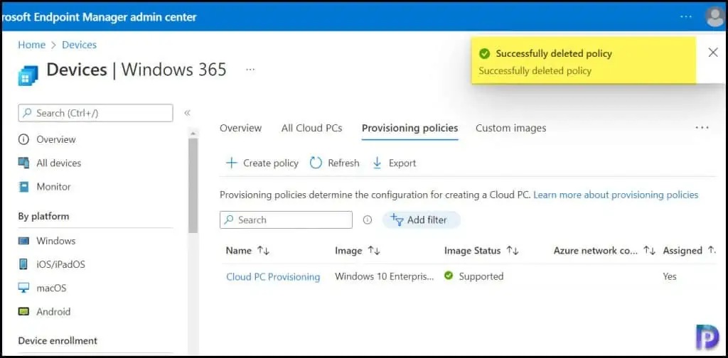 Delete provisioning policies from Cloud PCs in Windows 365