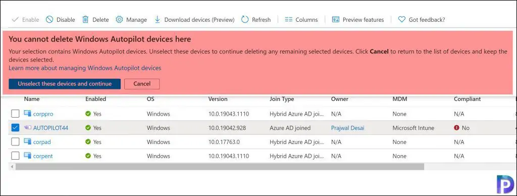 Unable to Delete Autopilot Devices in Azure