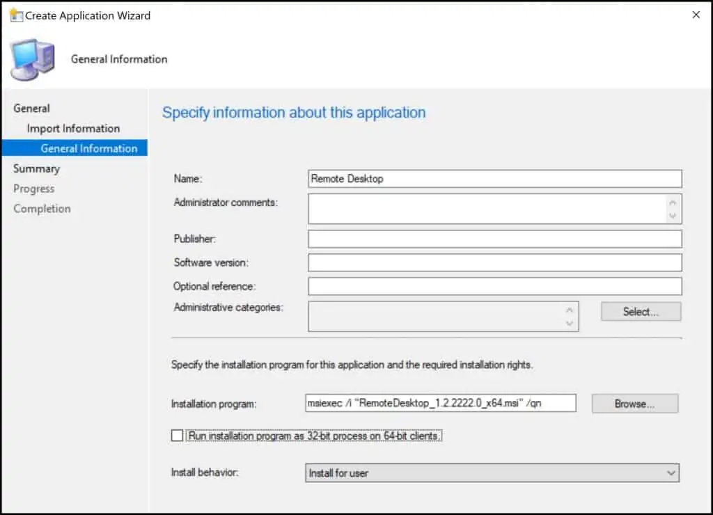 Create Remote Desktop Client Application in SCCM