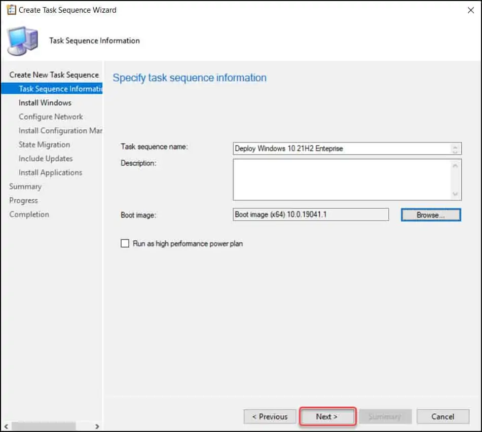 Create ConfigMgr Task Sequence to Deploy Windows 10 21H2