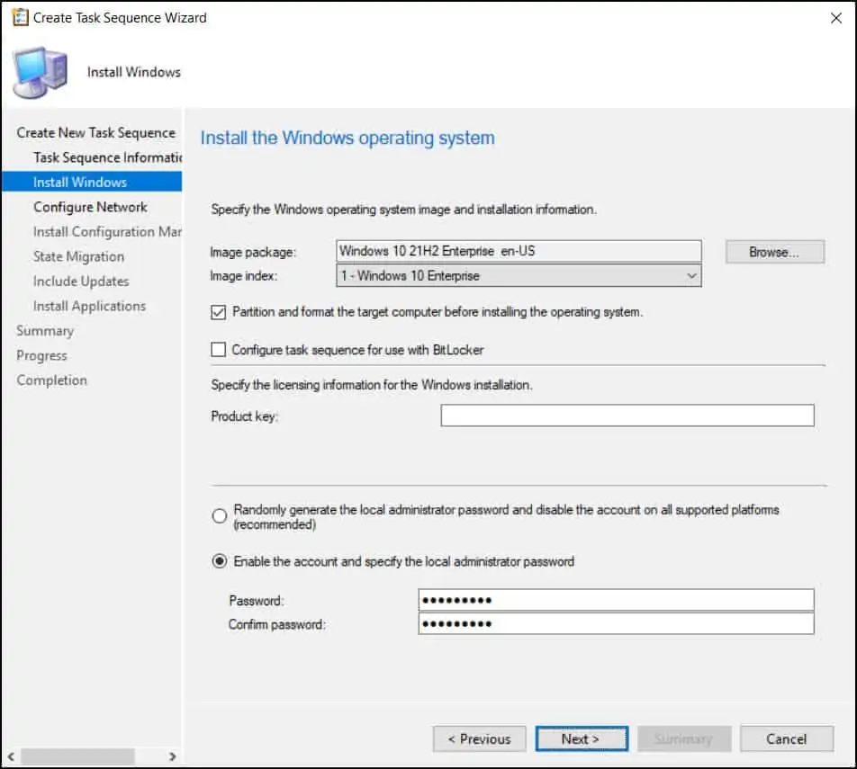 Create Windows 10 21H2 SCCM Task Sequence