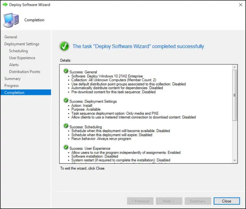 Deploy Windows 10 21H2 using SCCM - Completion