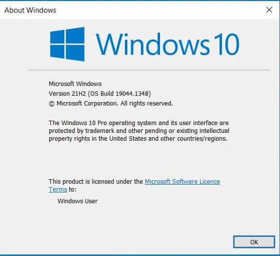 Windows 10 Version 21H2 OS Build 19044.1348