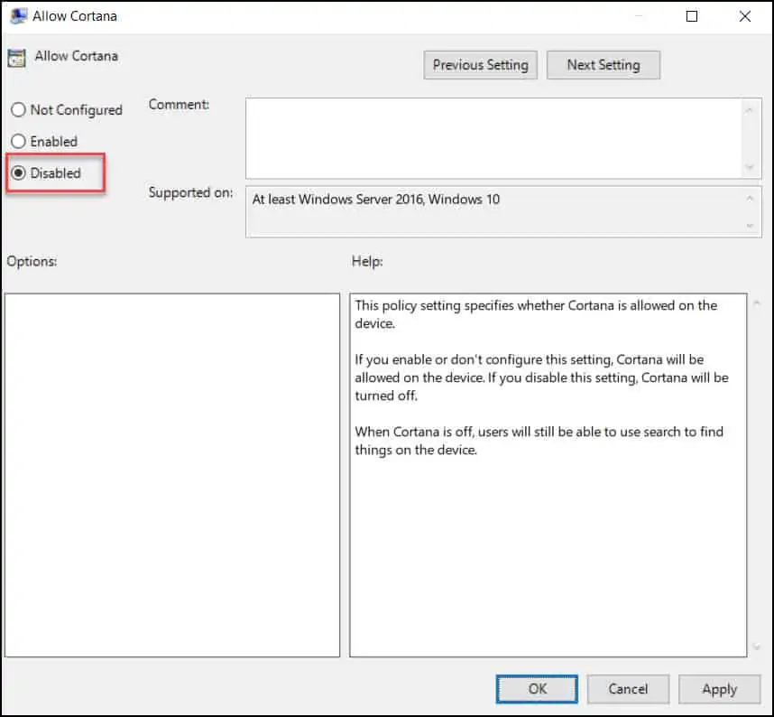 Disable Cortana in Windows 11 using Group Policy