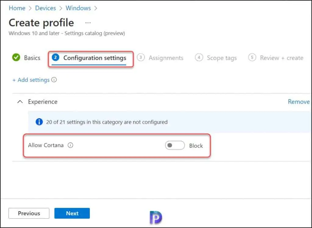 Disable Cortana using Intune